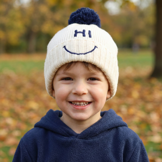 Cute "HI" Smiley Winter Hat – Cream Knit with Navy Pom-Pom (Size 52)