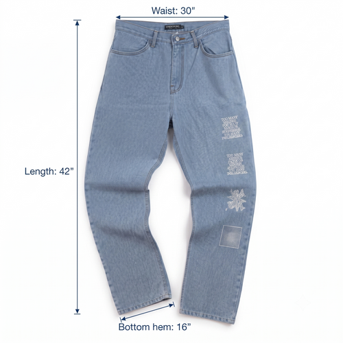 Thrifted Vintage APIECEOFCAKE Light Blue Graphic Denim Jeans waist 30/ J1056