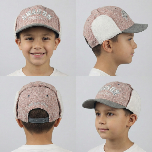 "SWAGON" Earflap Baseball Hat – Textured Tweed with Grey Felt Brim