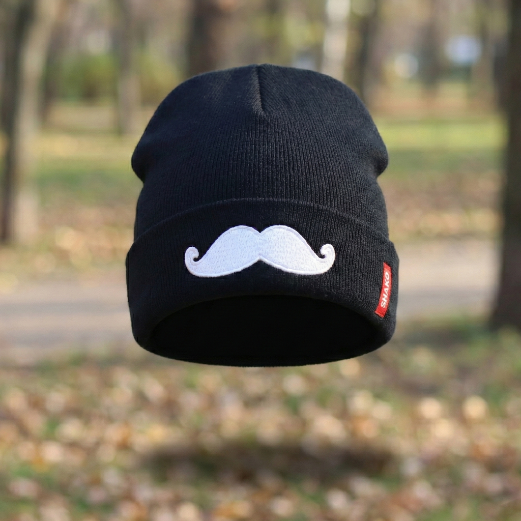 Shako Korean Beanie | Black Hat with White Mustache Embroidery