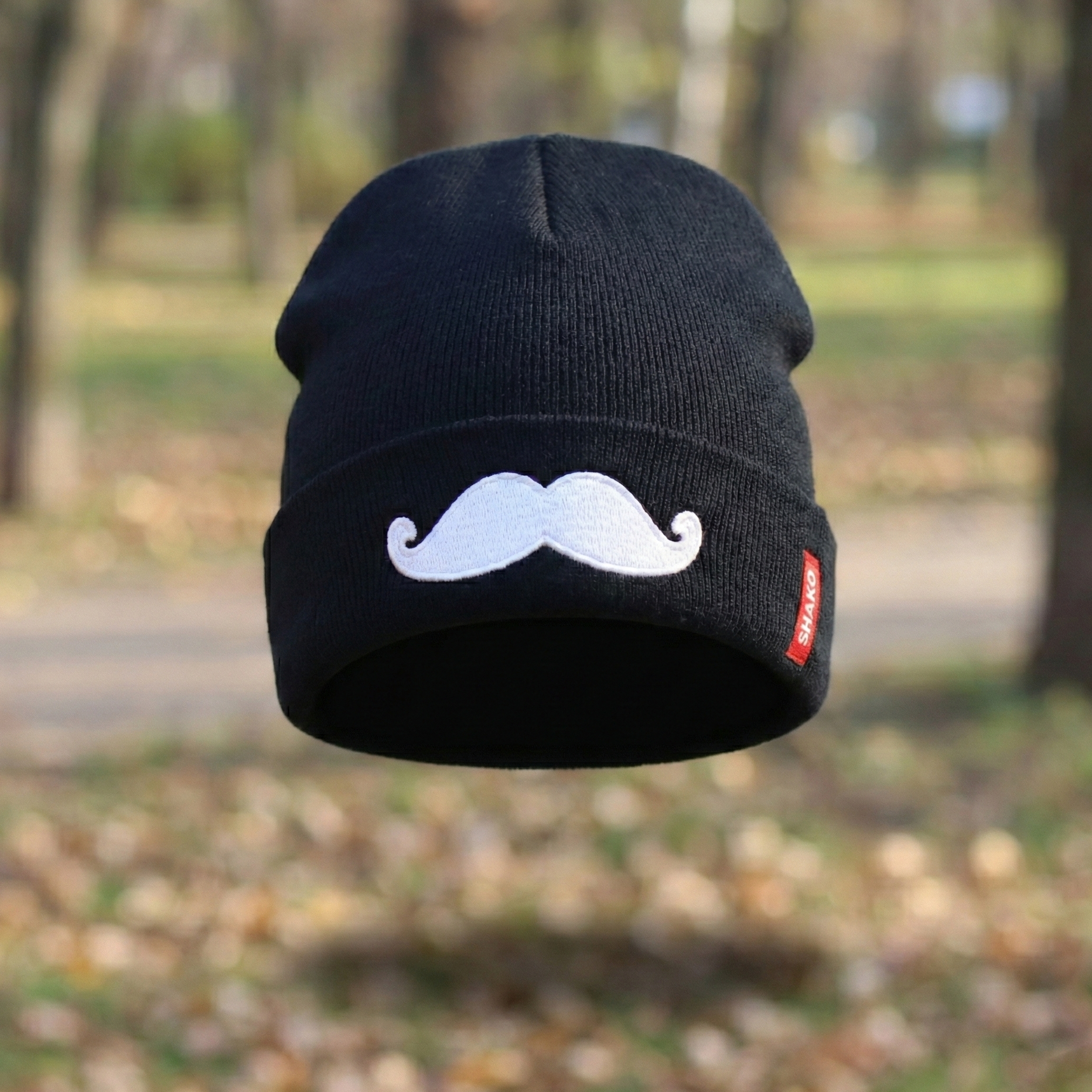 Shako Korean Beanie | Black Hat with White Mustache Embroidery