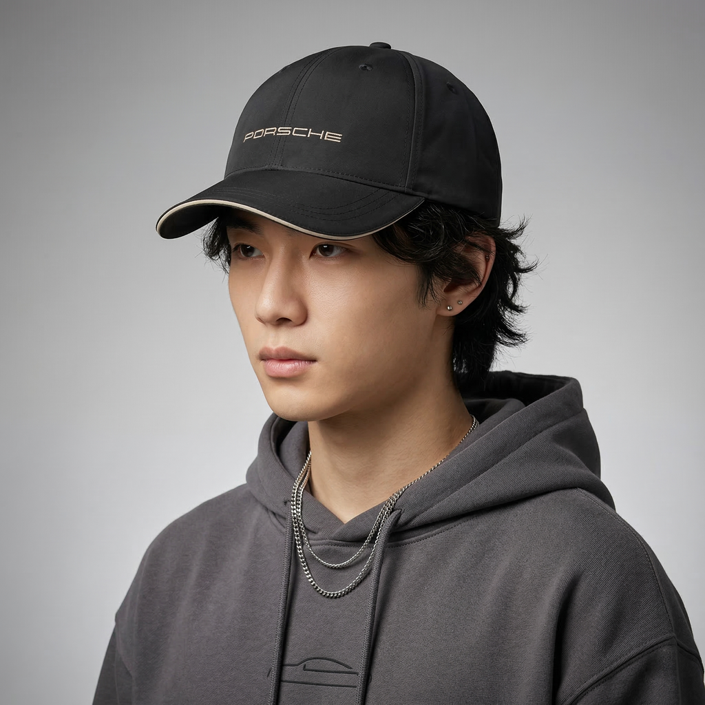 Genuine Porsche Performance Cap - Black with Tan Piping - One Size