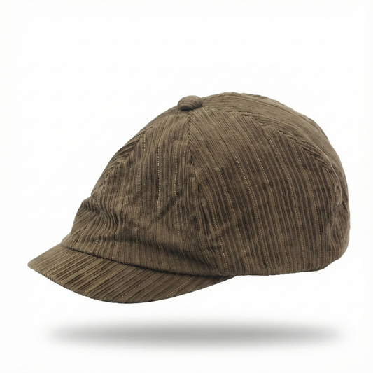 Reserved Brown Corduroy Newsboy Thrifted Cap with Gold Metallic Pinstripes - Size Adult