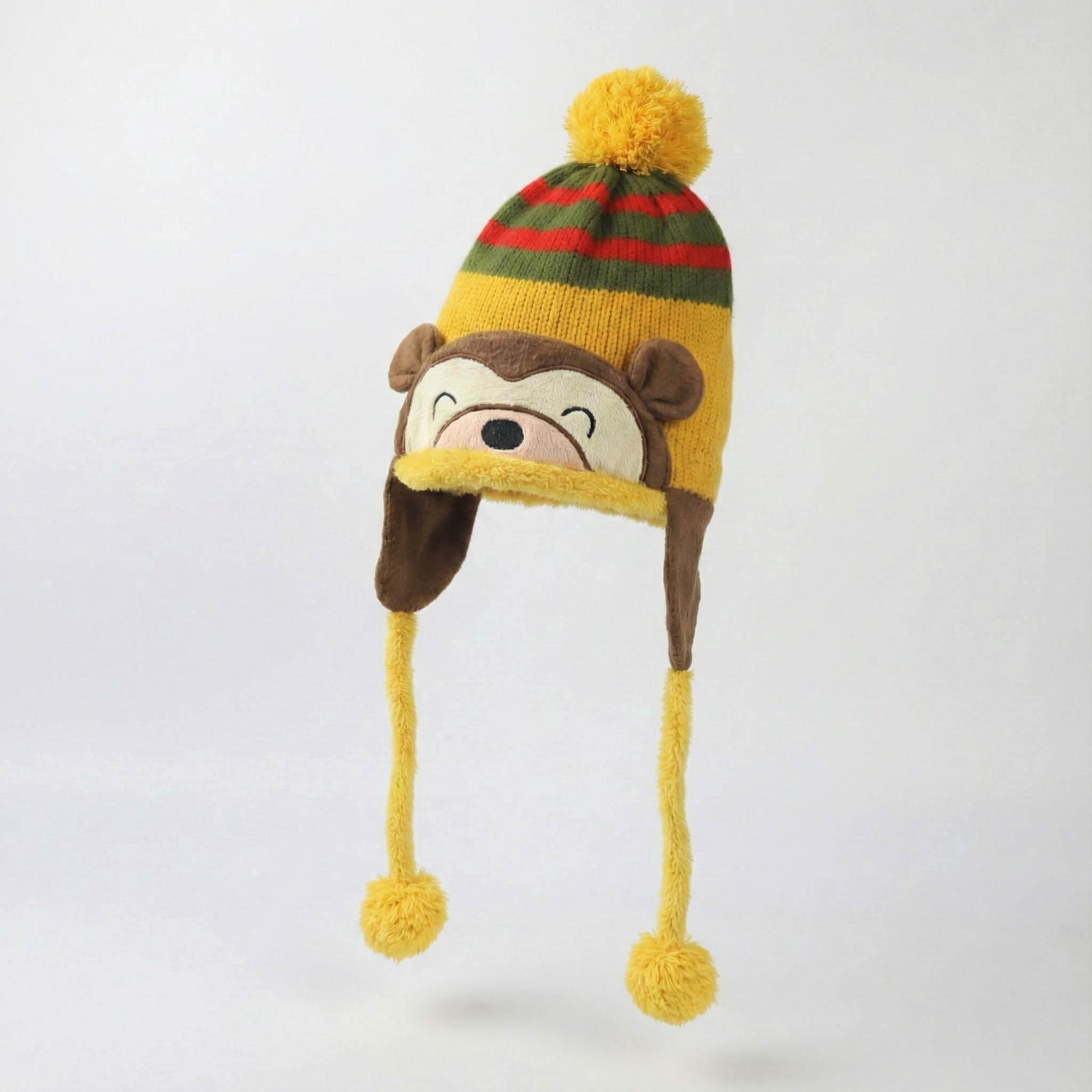 Malvina Fashion Baby Winter Warm Cap Hat Cartoon Monkey Striped Ball Ear Caps (Yellow)
