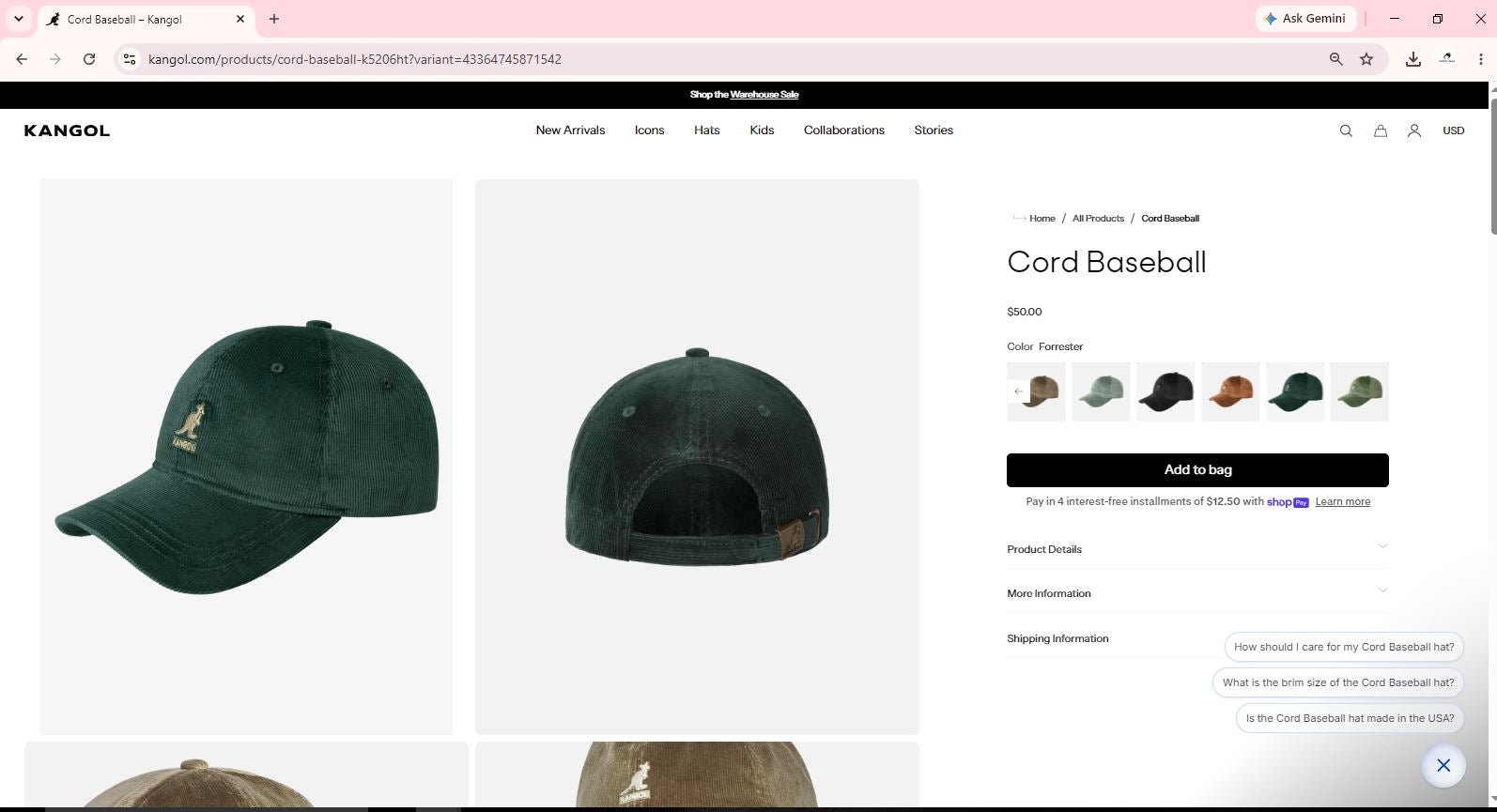 Vintage Kangol British Heritage Hat - Dark Green Ribbed Corduroy Cap