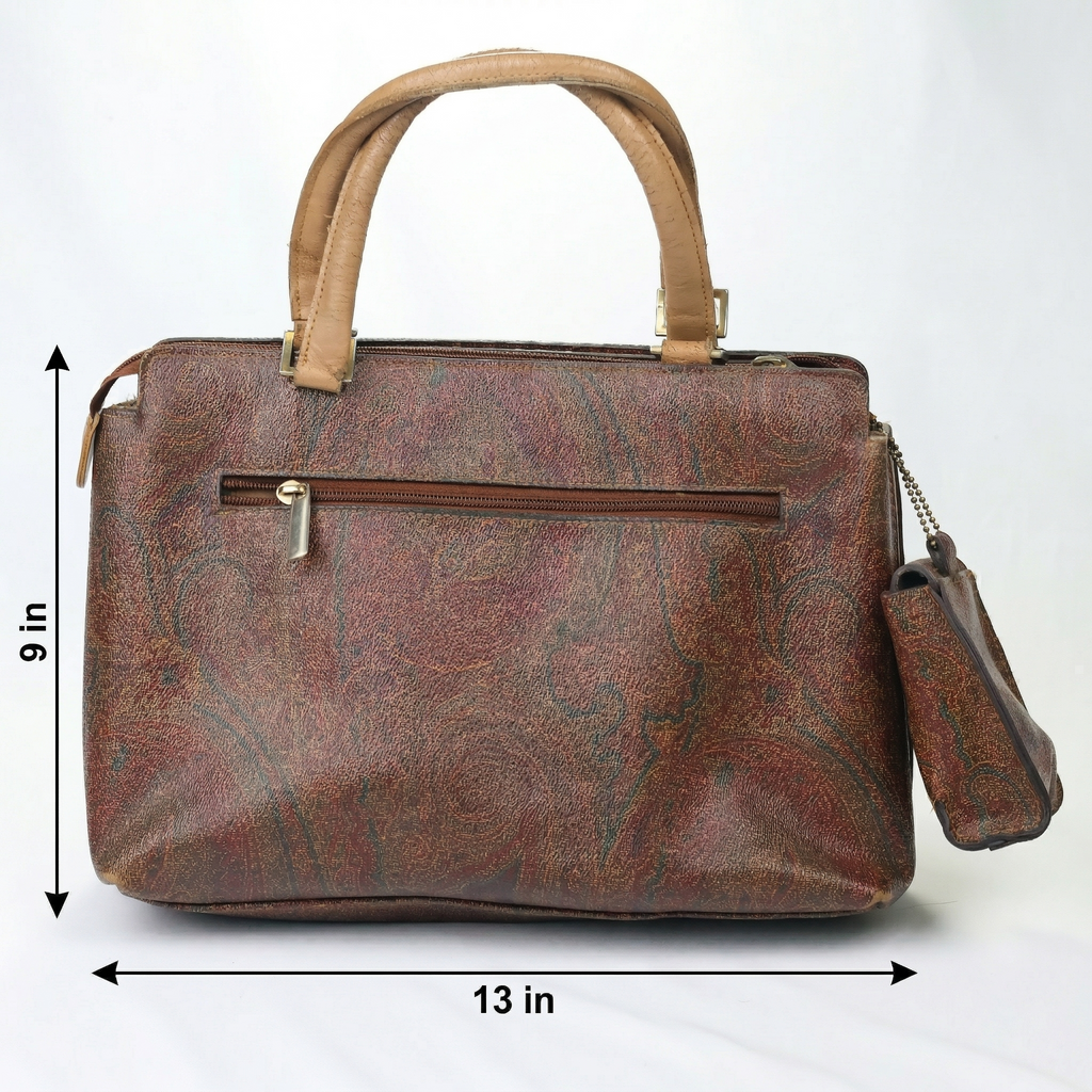 Vintage Paisley Pattern Satchel - Brown Leather Trim Men’s Handbag