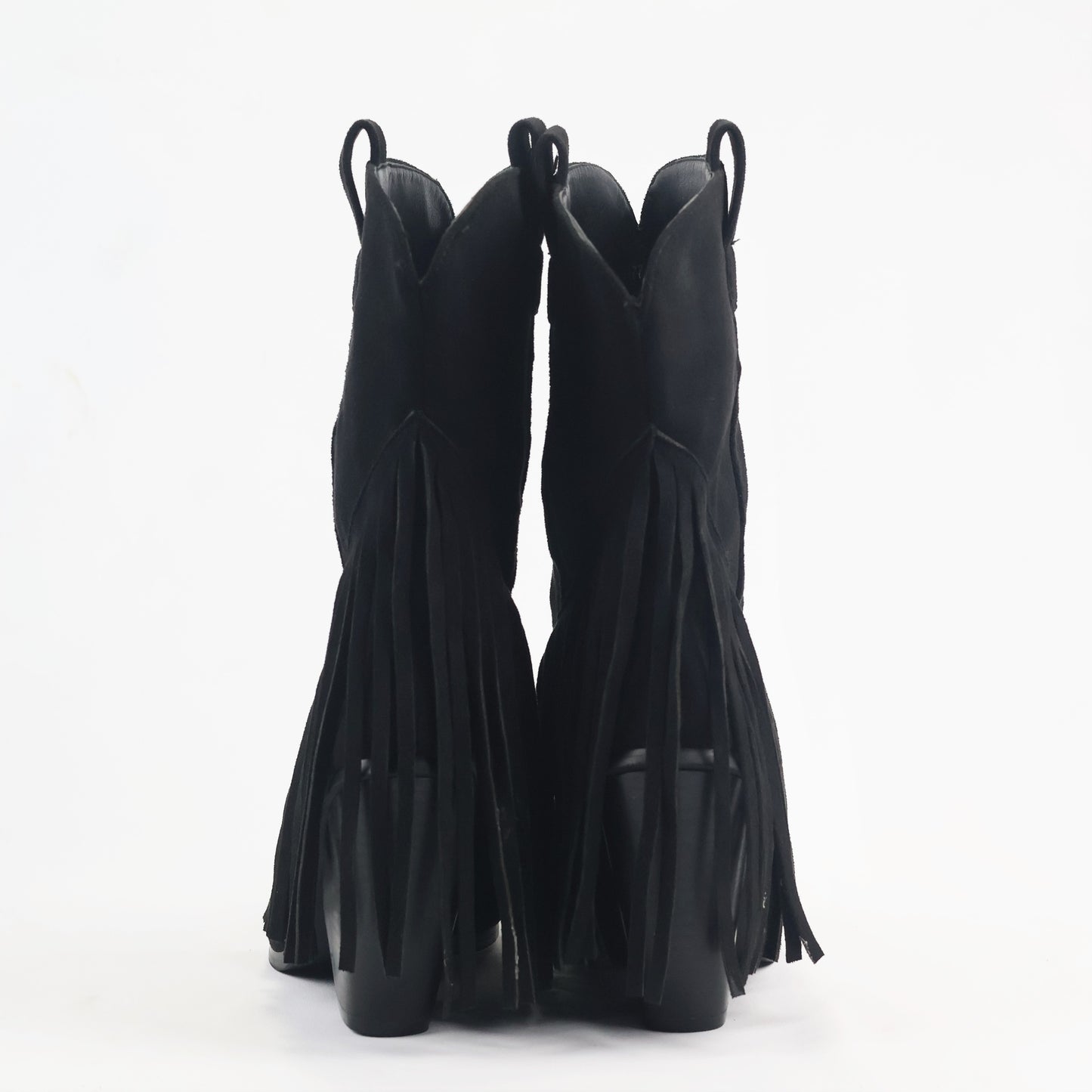 Women’s Black Tassel Fringe Thrifted Boots – Chic Pointed Toe Western Block Heels