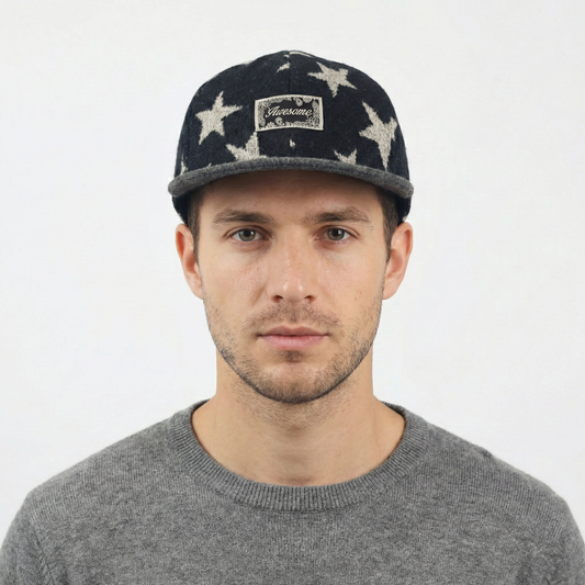 "Awesome" Stars Pattern Wool Blend Snapback Thrifted Hat – Black & Grey