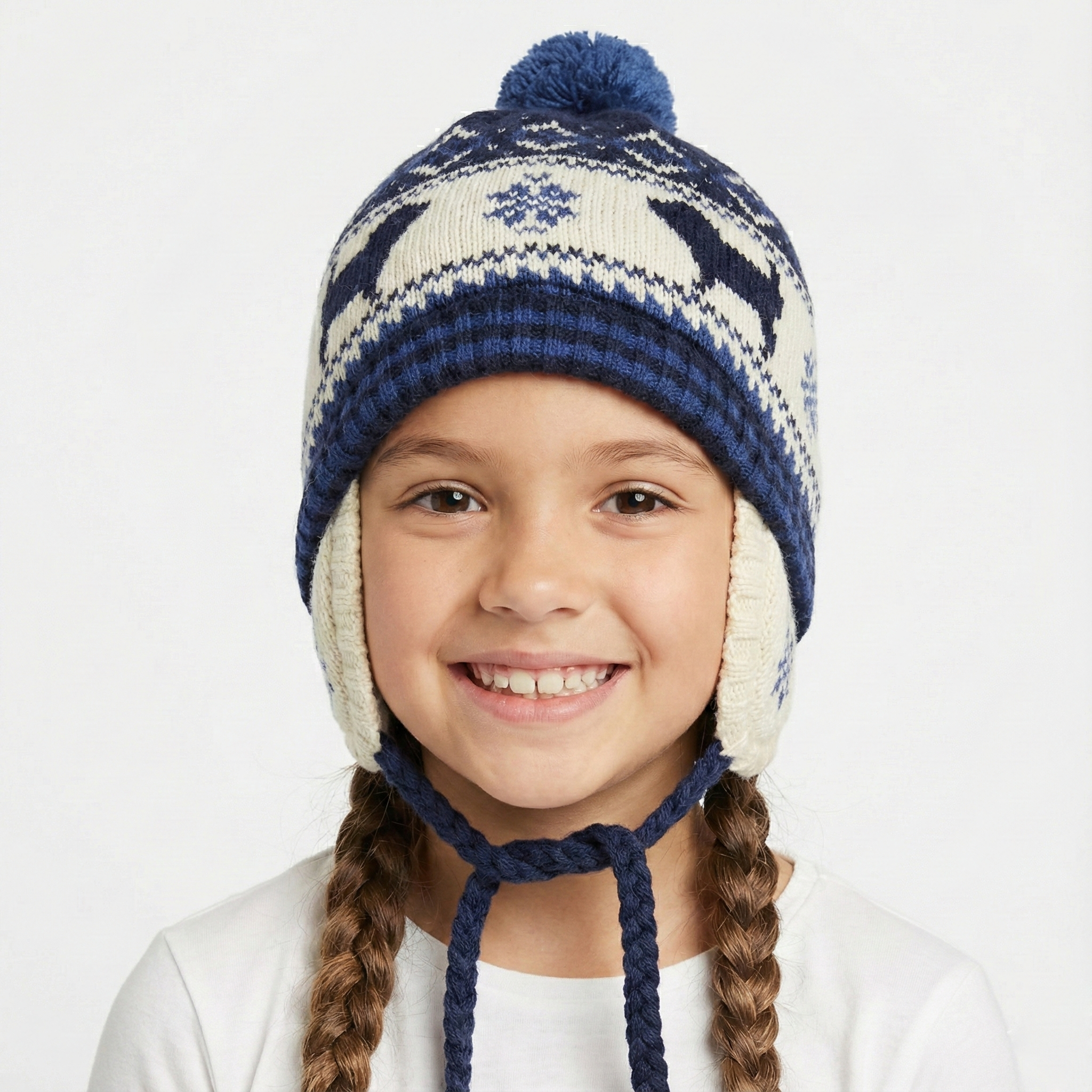 BLUEDOG Kids Earflap Beanie – Navy Nordic Dog Pattern with Warm Fleece Lining