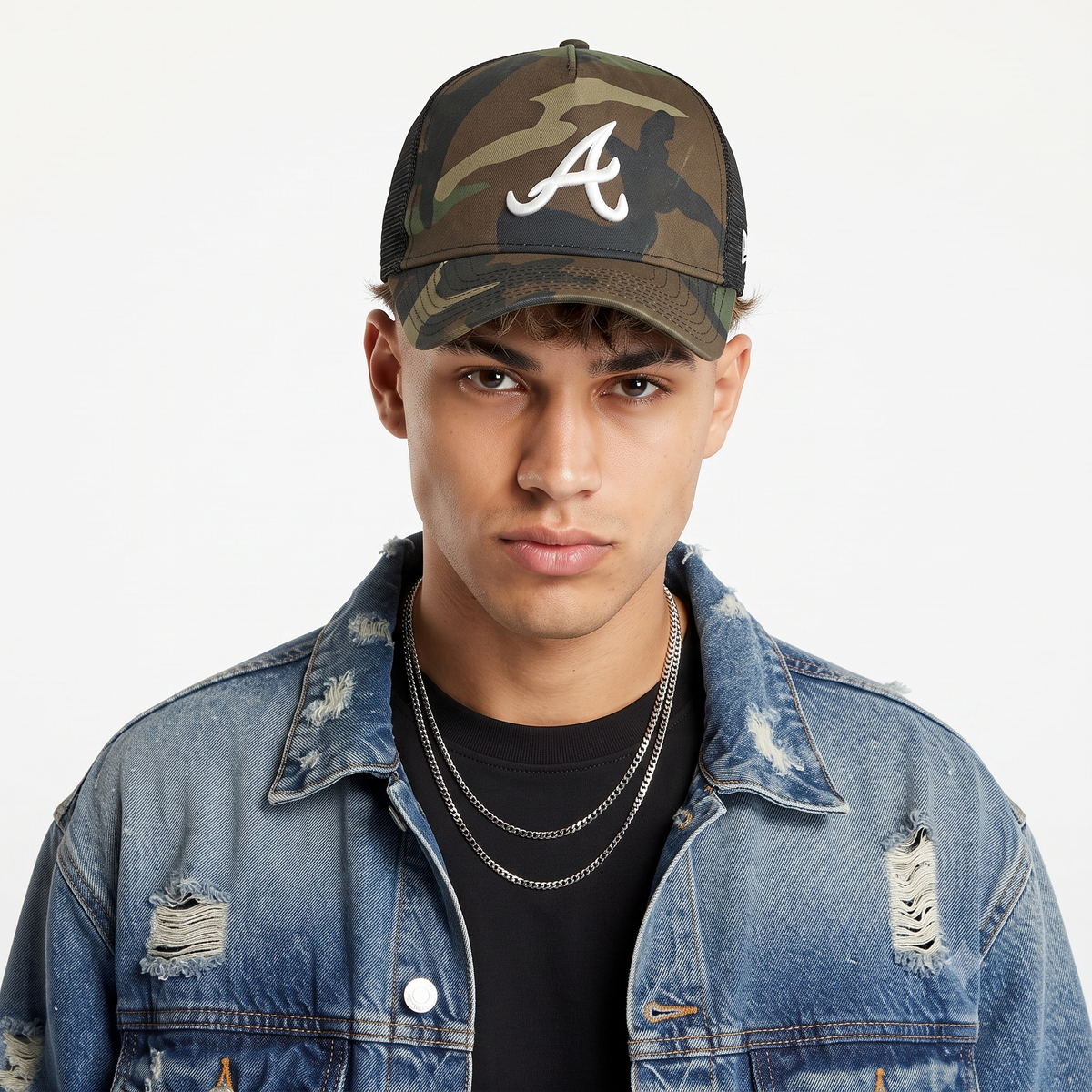Thrifted New Era A-Frame Camo & Black Trucker Hat | 10421