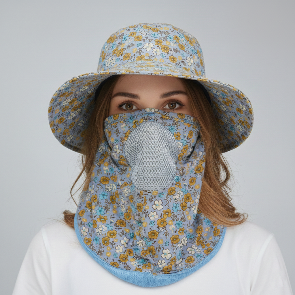 Blue Floral Wide-Brim Hat with Detachable Face & Neck Cove