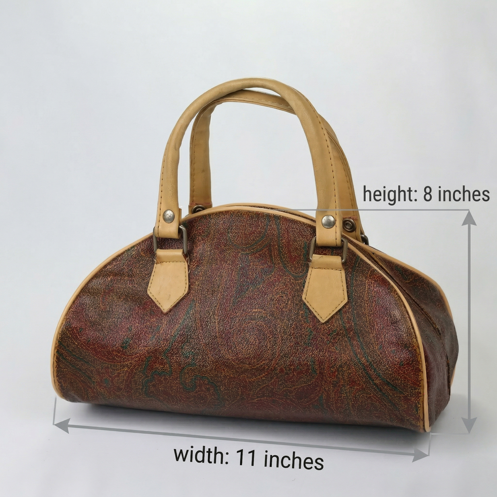 Vintage Paisley Pattern Satchel Bag - Retro Tan Leather Trim Handbag