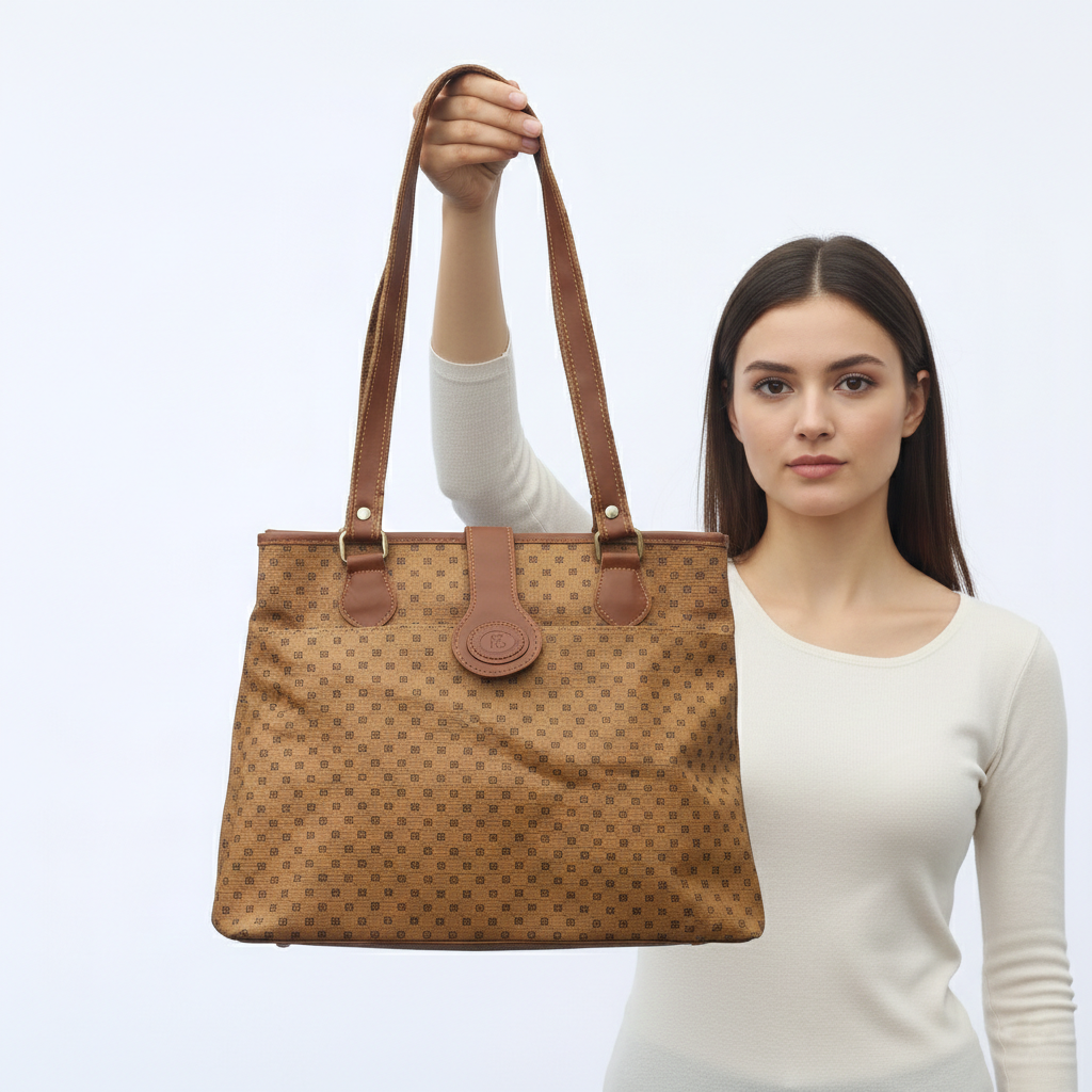 Vintage AS Popular Styles Monogram Tote Thrifted Bag - Brown Faux Leather Shoulder Bag