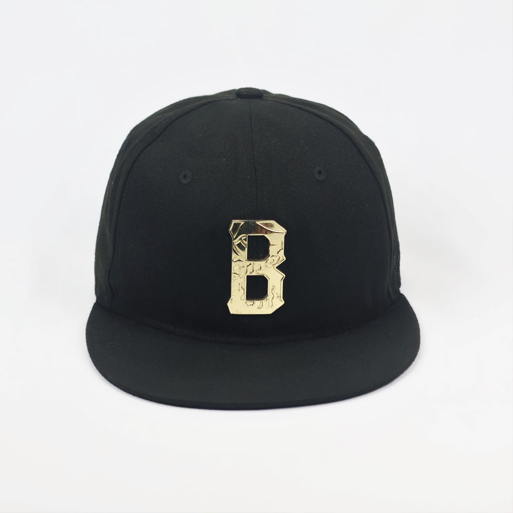 Super Massive Bound Black Snapback Thrifted Hat - Gold Metallic "B" Logo Cap (56-59cm)