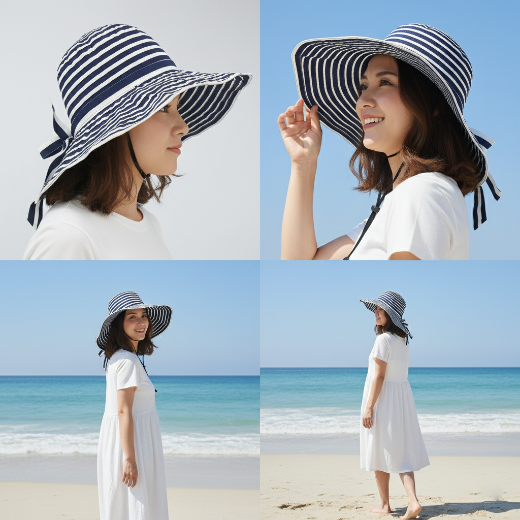 Floppy Striped Sun Hat with Bow - Navy & White
