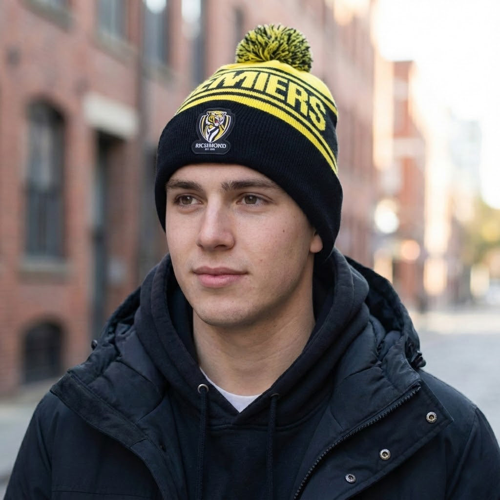 Richmond Tigers AFL Premiers Thrifted Pom Beanie | Adult Winter Knit Cap