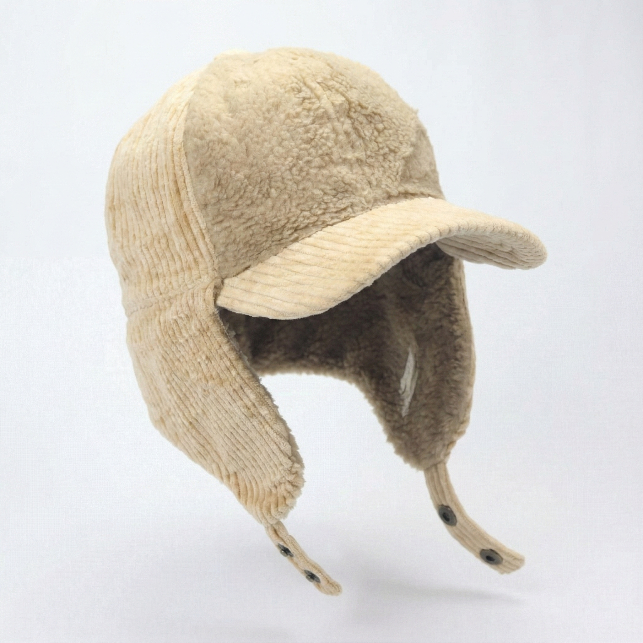 Beige Corduroy & Sherpa Aviator Hat | Earflap Trapper Cap with Snap Buttons