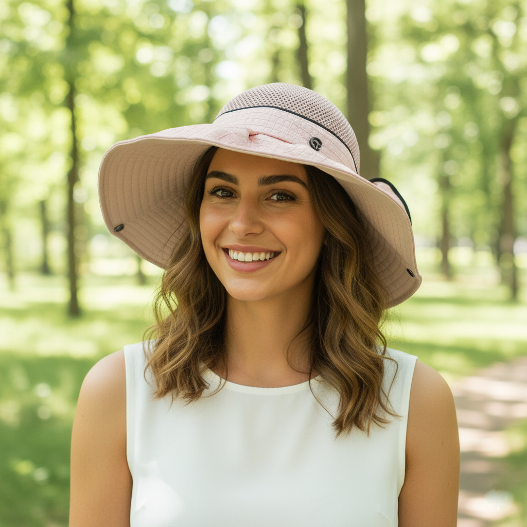 Wide Brim Sun Hat with Back Bow - Pink & Black Trim