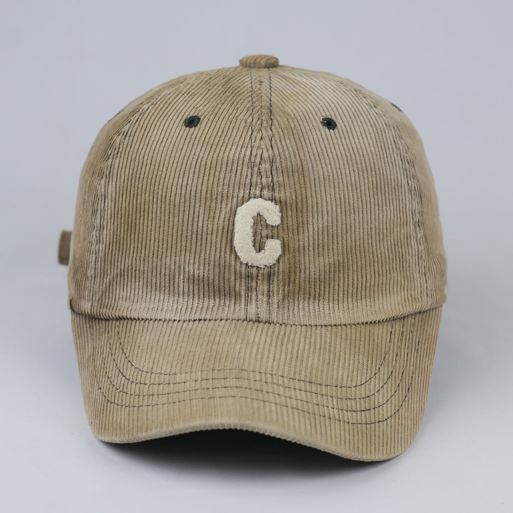 Thrifted Beige Corduroy Baseball Cap | Retro Initial Strapback