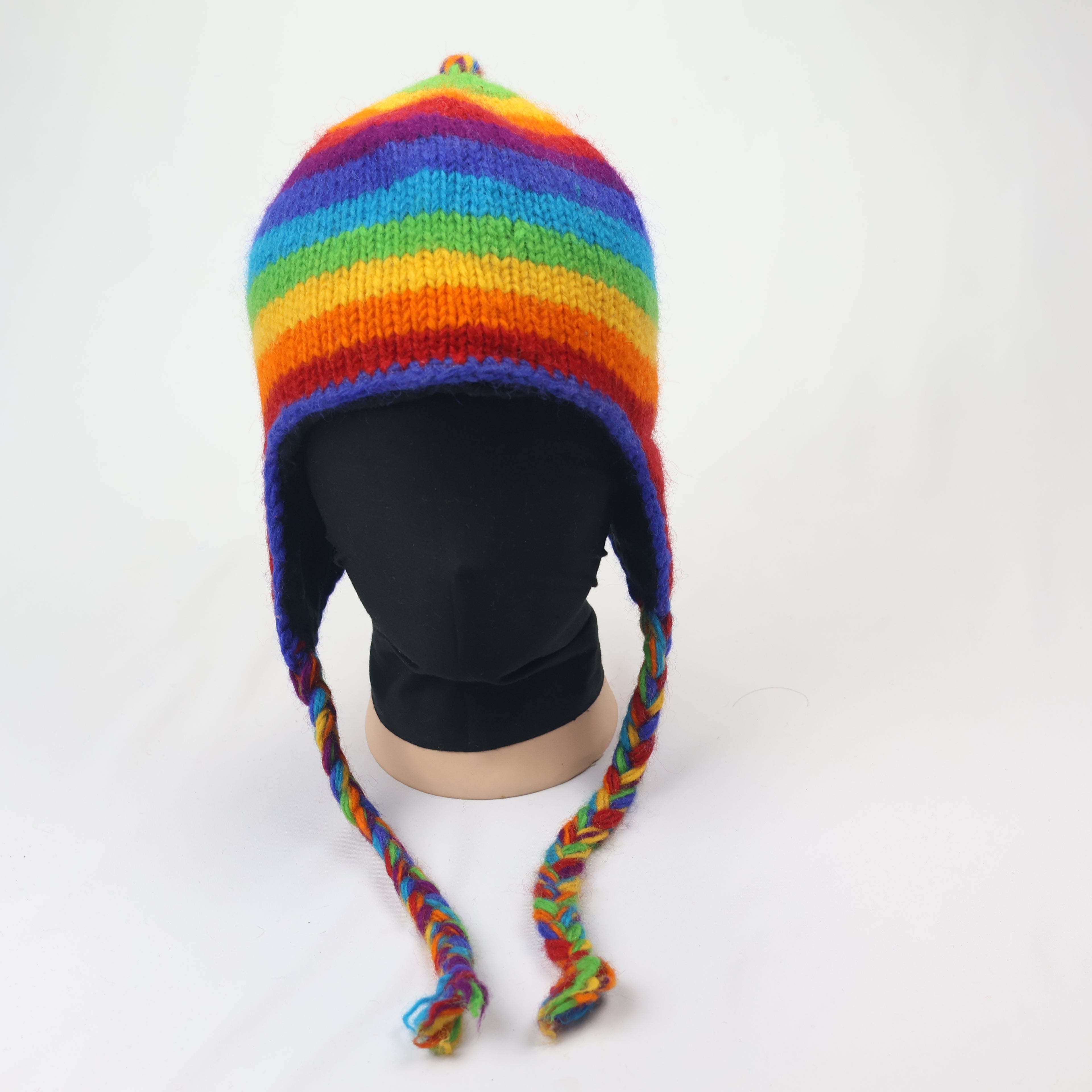 100% Wool Rainbow Earflap Beanie | Handmade in Nepal | Fleece Lined Hippie Hat