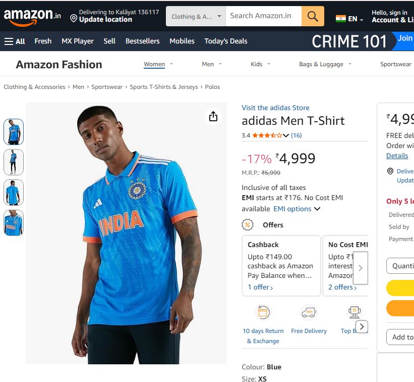 Official Adidas India Cricket Pre-owned Jersey - Men's Fan Edition (Large)