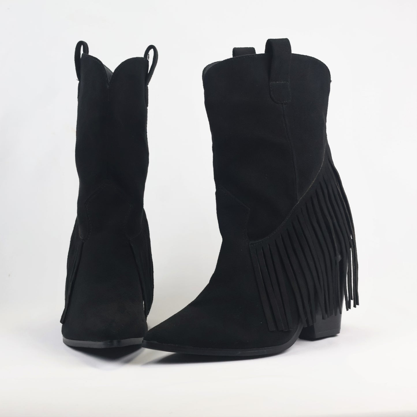 Women’s Black Tassel Fringe Thrifted Boots – Chic Pointed Toe Western Block Heels