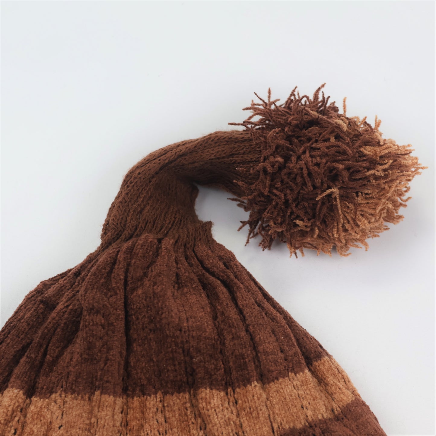Soft Chenille "Elf Style" Beanie – Brown Striped Long-Tail Pom Hat