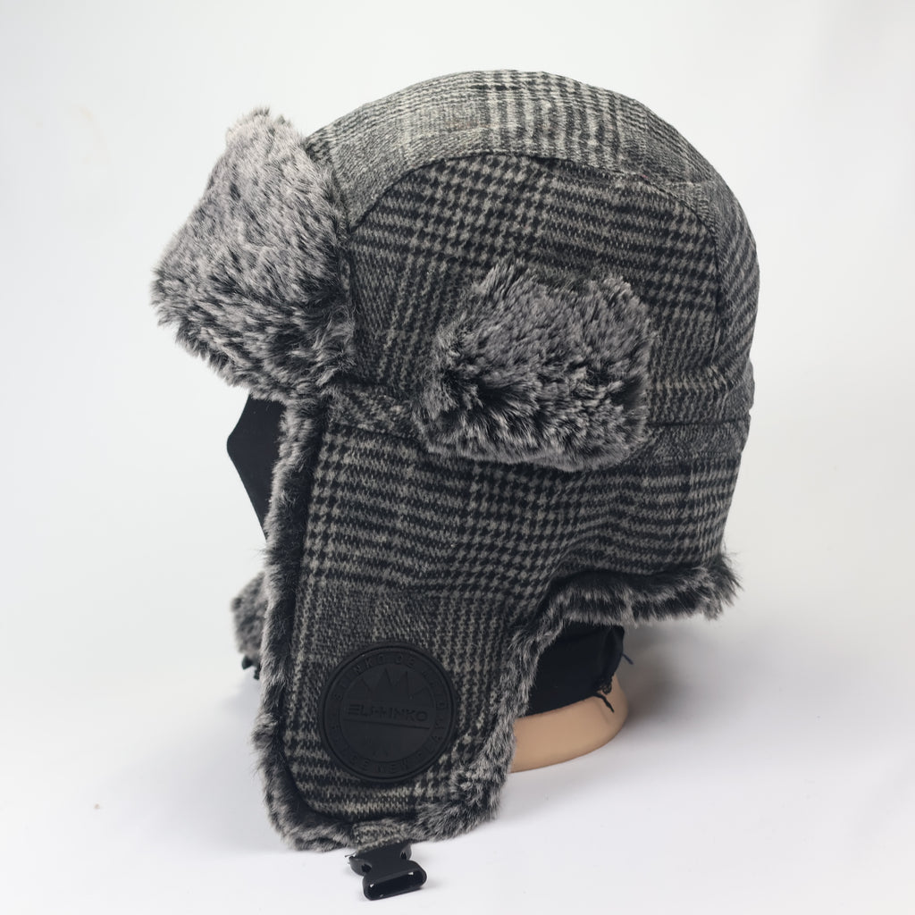 El Stinko Grey Plaid Trapper Hat with Faux Fur - Winter Earflap Cap