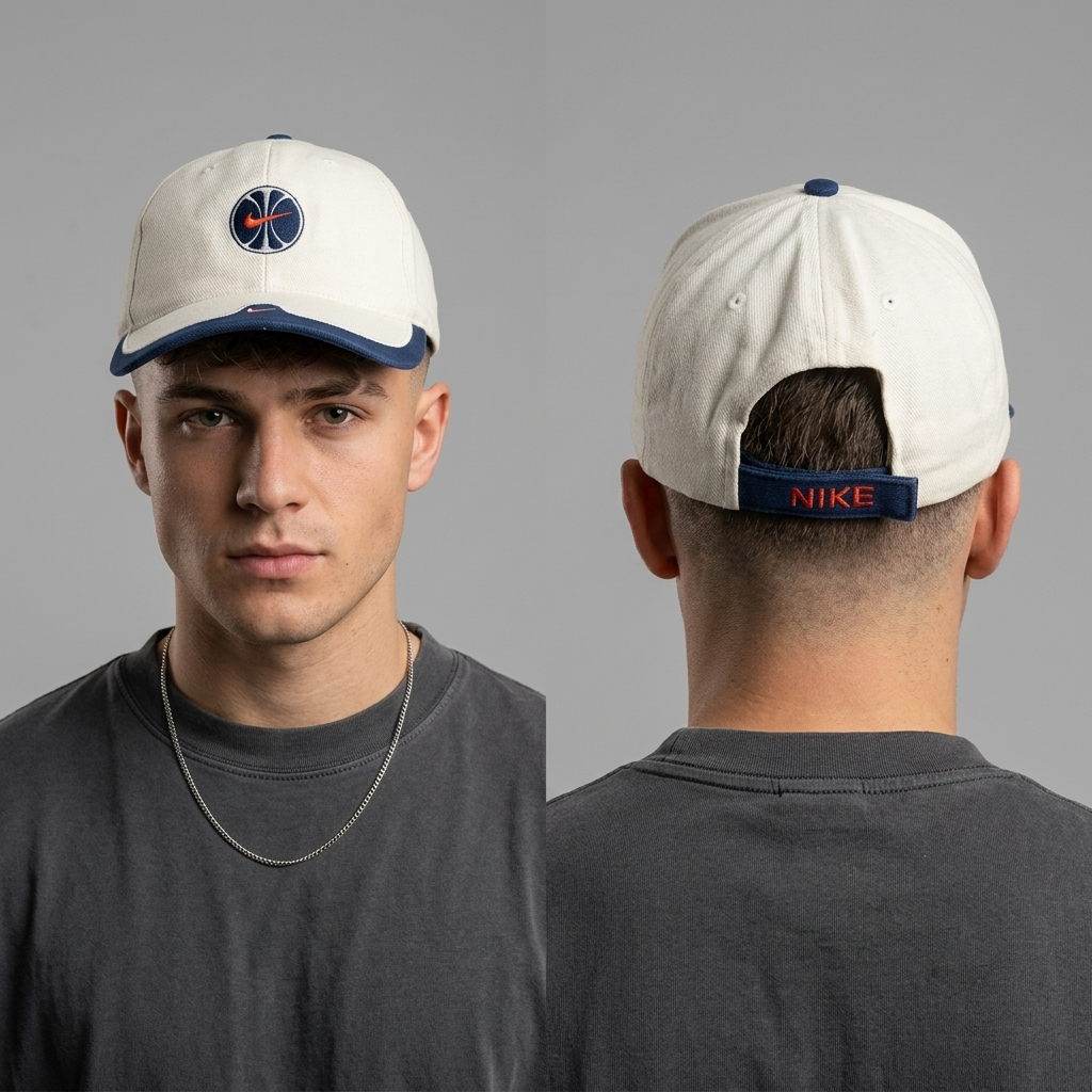 Thrifted Vintage 90s Nike Basketball Logo Strapback Hat - Off-White/Navy (56-57cm)| 10635