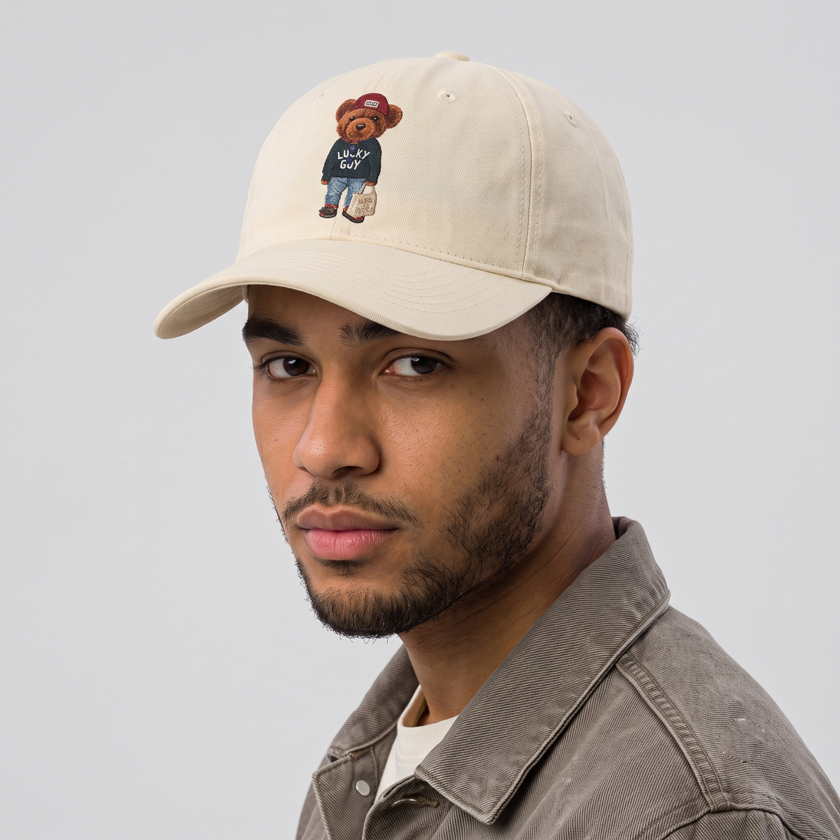 Thrifted Vintage Style Bear Print Dad Cap – Off-White Cotton Adjustable Hat 56-57cm | 10627
