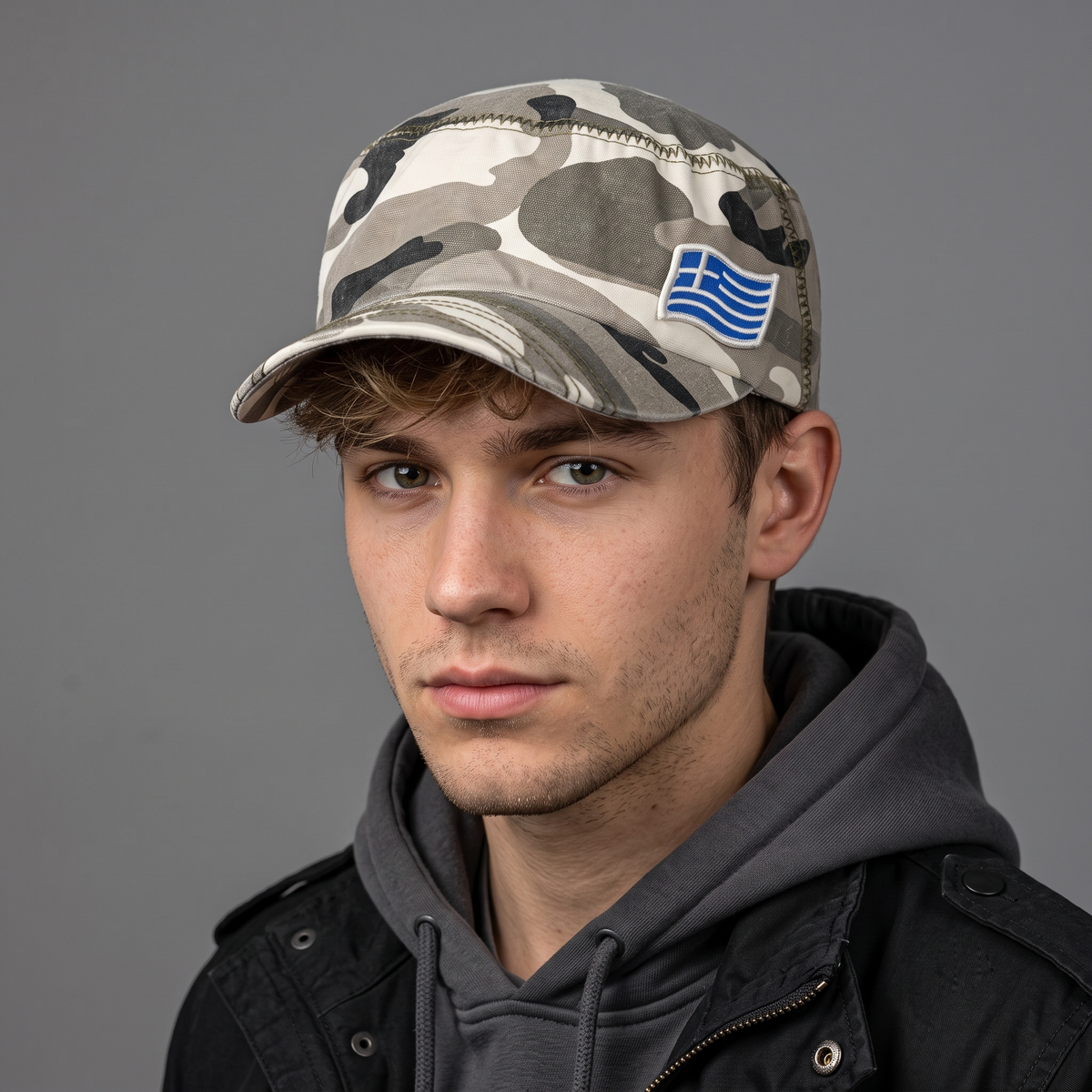 Thrifted Grey Camouflage Greek Flag Cadet Cap (57cm) | 10535