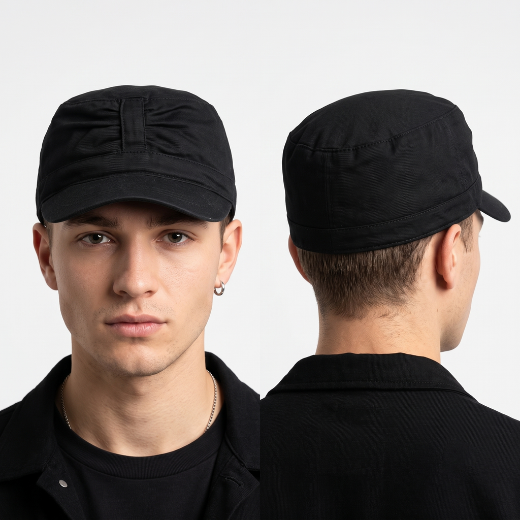 Thrifted H&M Solid Black Flat Top Army Hat (56cm) | 10603