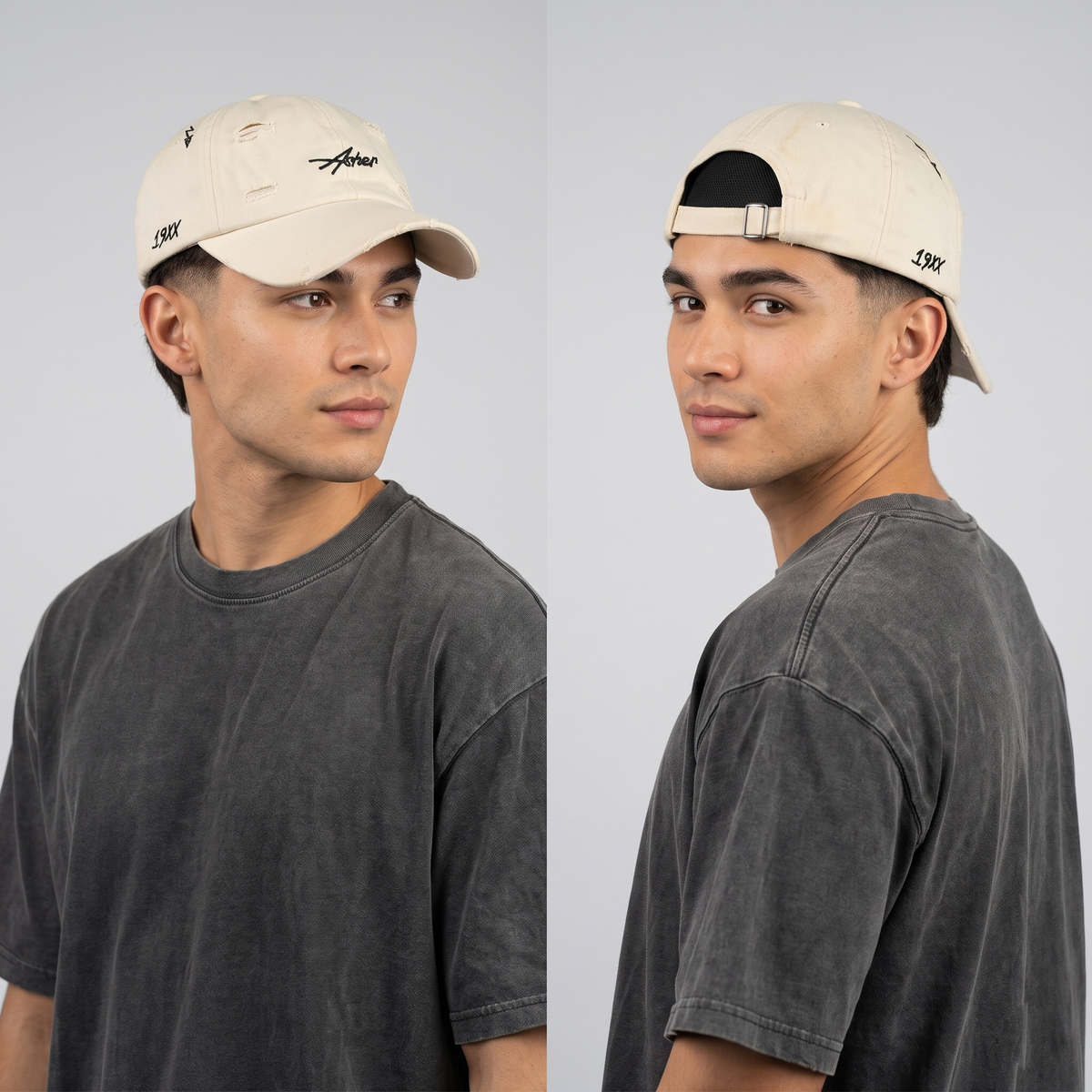 Thrifted Cream "Asher" Embroidered Baseball Cap - Vintage Ripped Style Dad Hat (56-57cm) | 10994