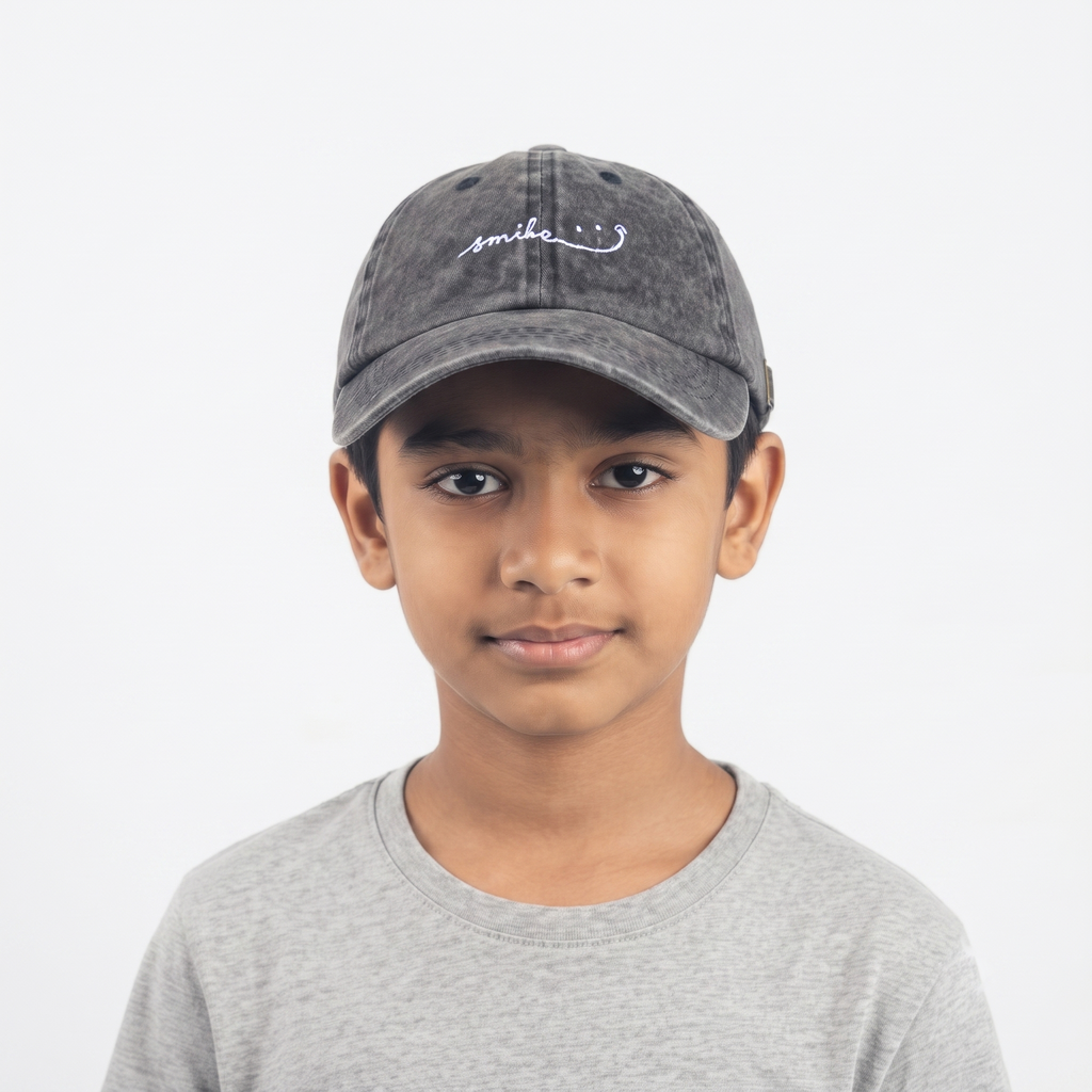 Thrifted Embroidered Smile Washed Cotton Dad Cap | Casual Grey Hat (52-54cm) | 10290