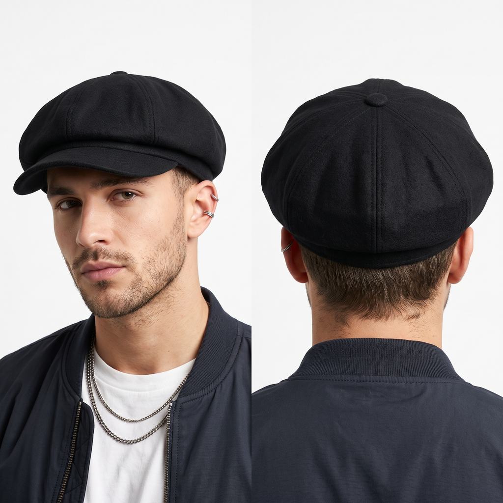 thrifted Vintage Baker Boy Hat Solid Black Cabbie Cap (57-59) | 10351