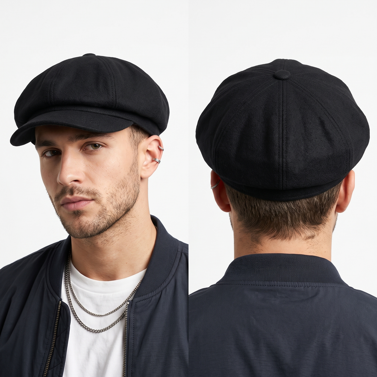 thrifted Vintage Baker Boy Hat Solid Black Cabbie Cap (57-59) | 10351