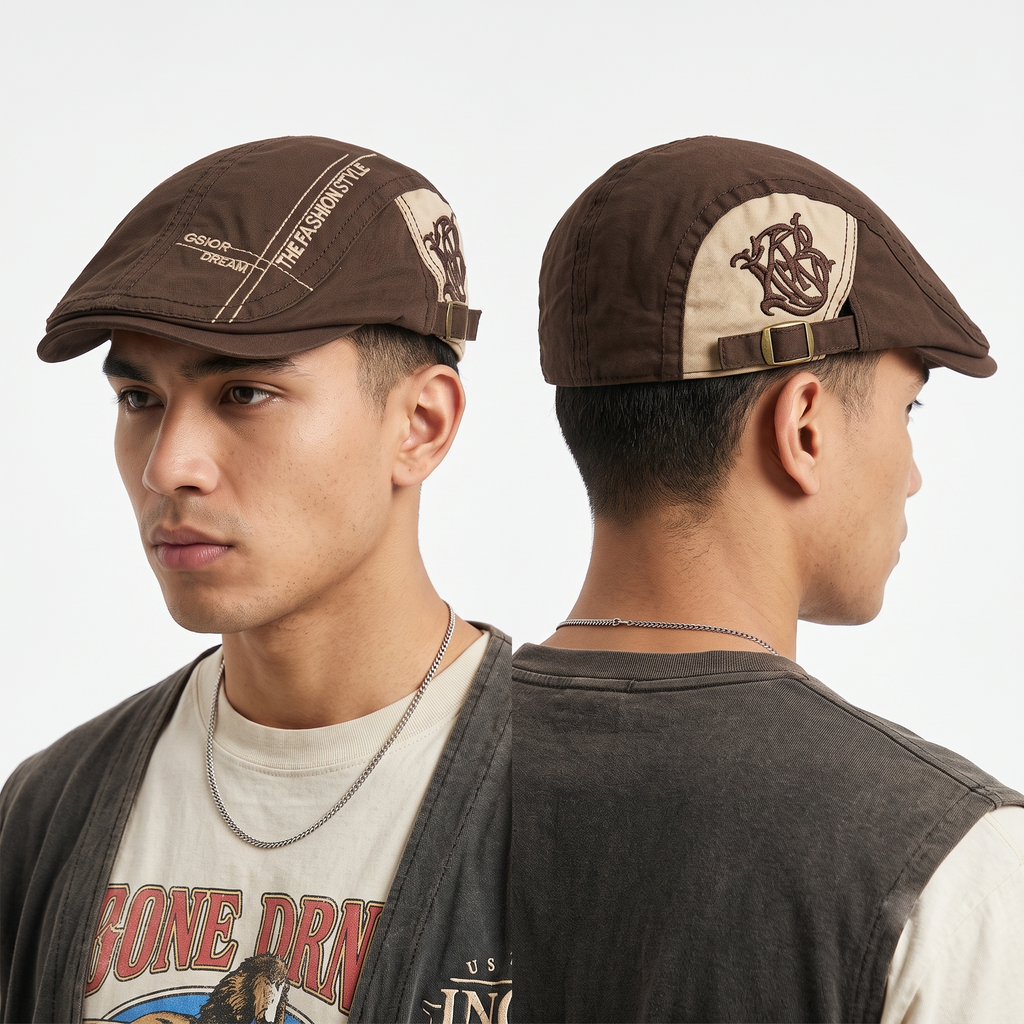 Thrifted Thrifted Y2K Canvas Ivy Cap – Dark Brown & Beige (58–60 cm) | 10671