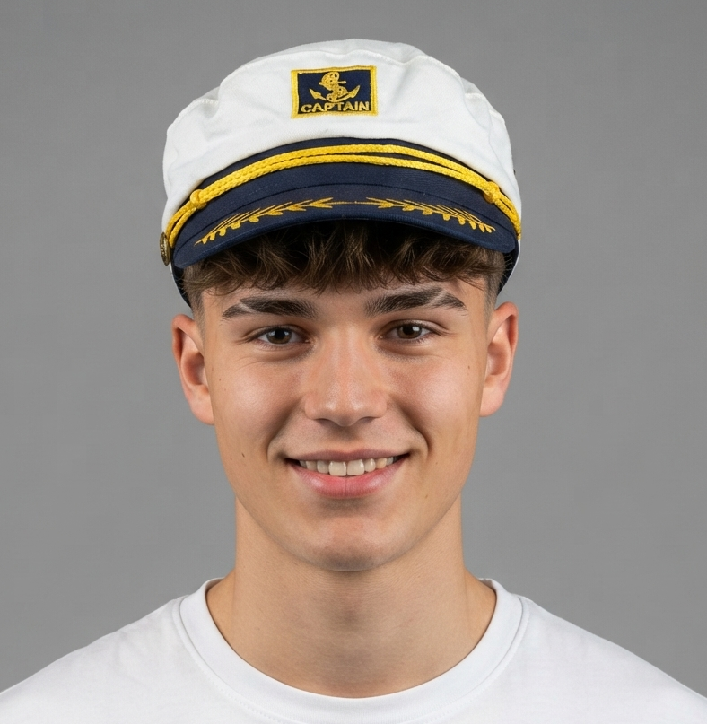 Thrifted Classic Nautical Sailor Captain Cap (White/Navy) – 56cm | 10648