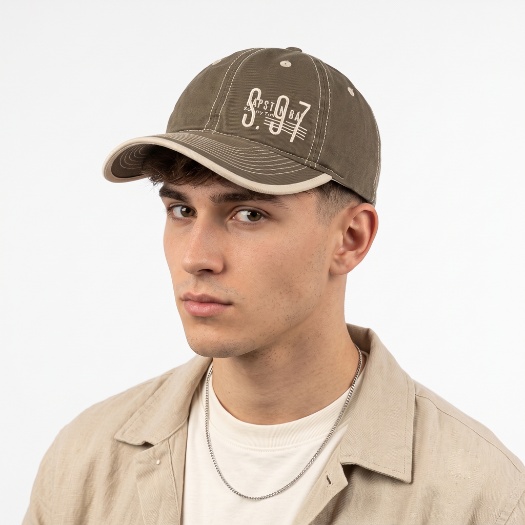Thrifted Contrast Stitch Khaki Brown Baseball Cap (56-57cm) | 10599