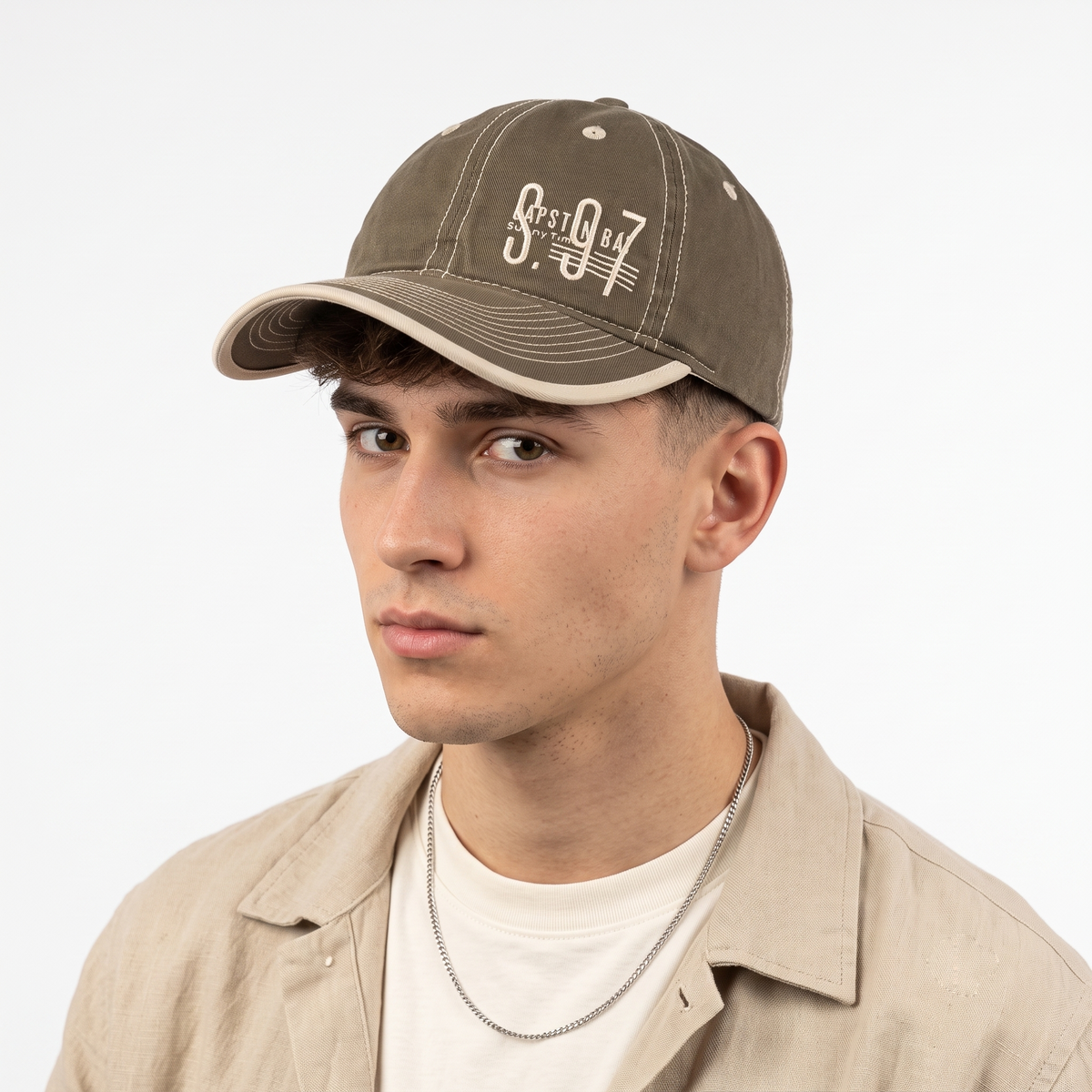 Thrifted Contrast Stitch Khaki Brown Baseball Cap (56-57cm) | 10599