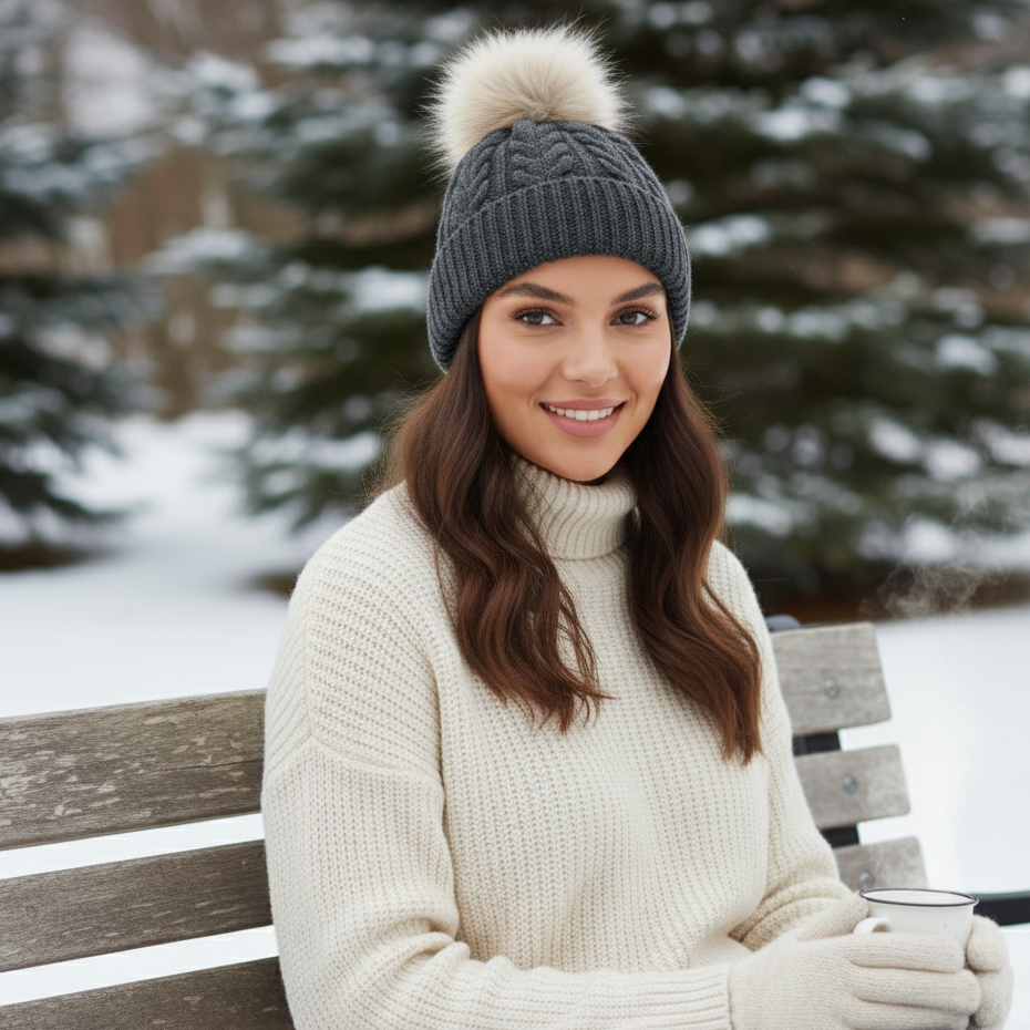 Premium Mauritius Cable Knit Winter Hat – 100% Real Fur Pom Adult size