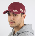 Thrifted Vintage Style Ripped Baseball Cap - Maroon "Never Give Up" Adjustable Hat (58-60cm) | 10844