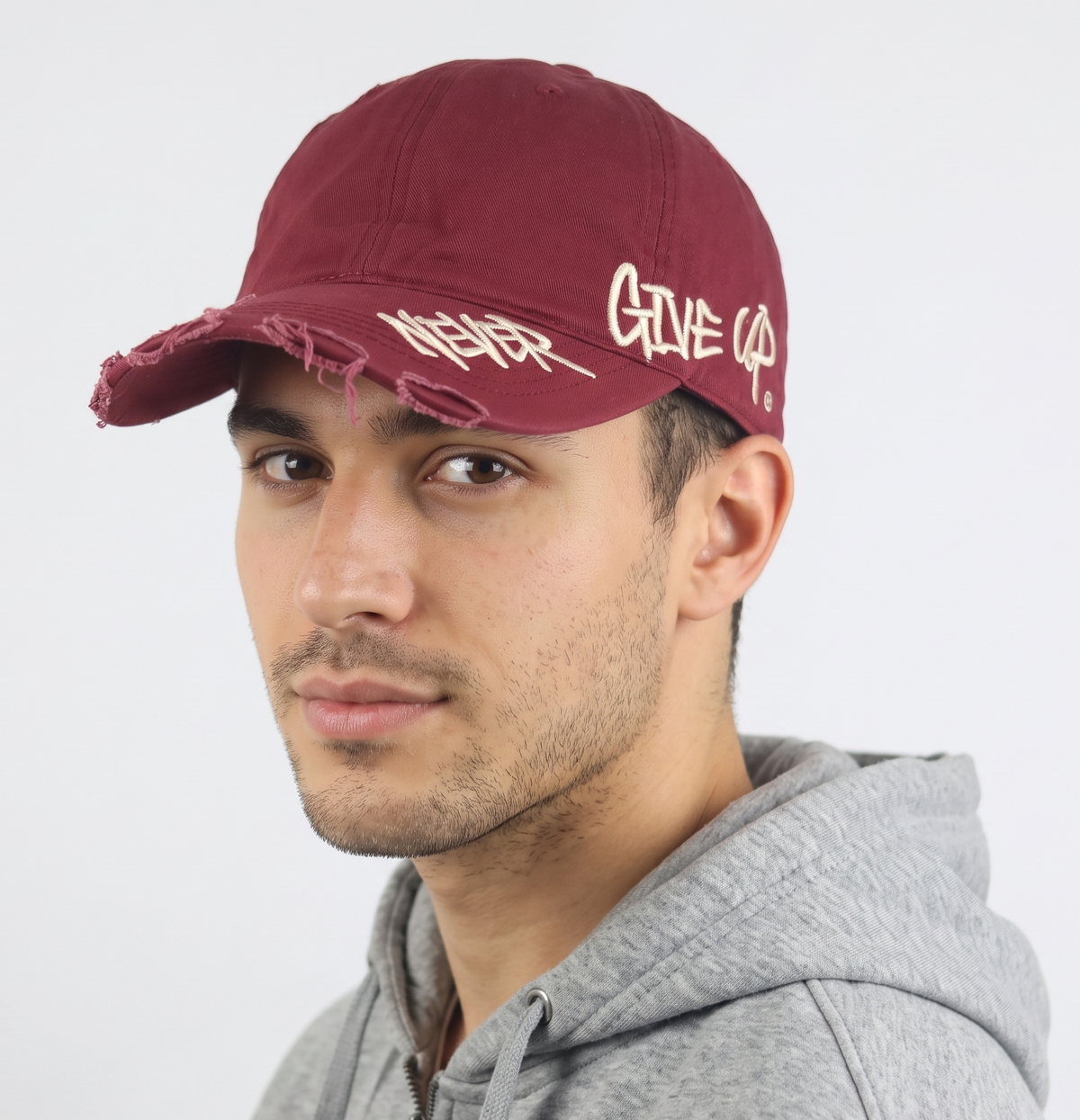 Thrifted Vintage Style Ripped Baseball Cap - Maroon "Never Give Up" Adjustable Hat (58-60cm) | 10844