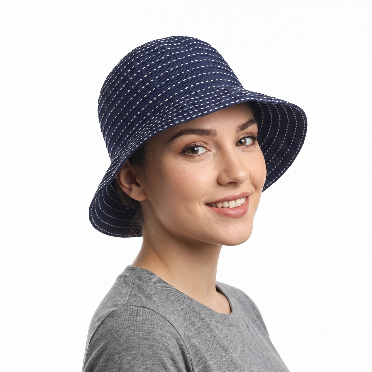 Thrifted Navy & White Dotted Ribbon Bucket Hat | Retro Floppy Beach Hat