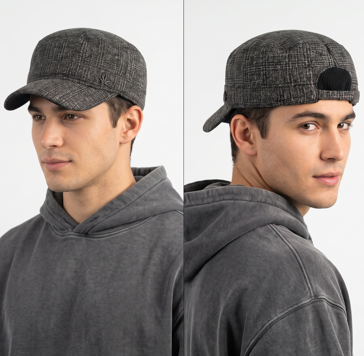 Thrifted Thick Charcoal Winter Military Winter Cap - Flat Top Weed Leaf Hat (57-59cm) | 10996