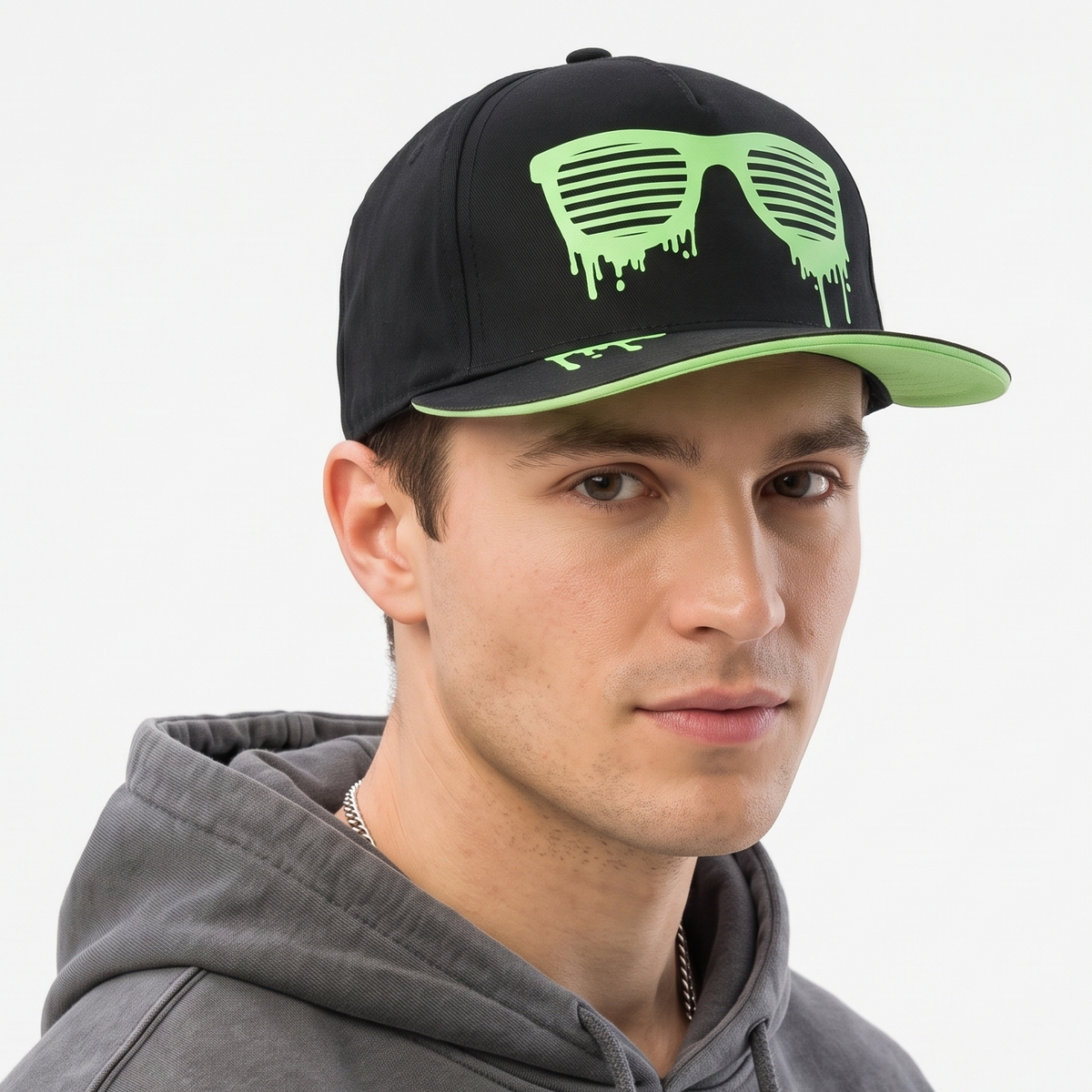 Thrifted Accessoires Black & Neon Green Graphic Flat Brim Cap (Size 57–58 cm) | 10839