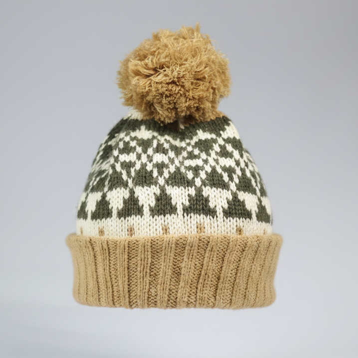 Cozy Nordic Pattern Bobble Hat | Earth Tone Winter Cap | Retro Ski Style