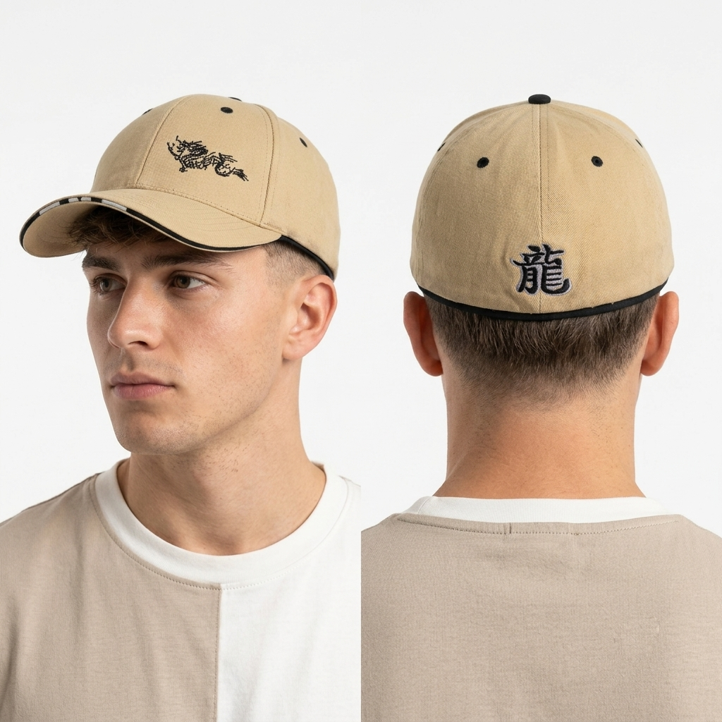 Thrifted Khaki Streetwear Baseball Cap with Dragon Motif (57-58 cm) |10687