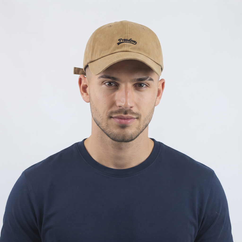 Thrifted Freedom Script Khaki Baseball Hat | Adjustable Metal Buckle Cap (58-60cm) | 10292