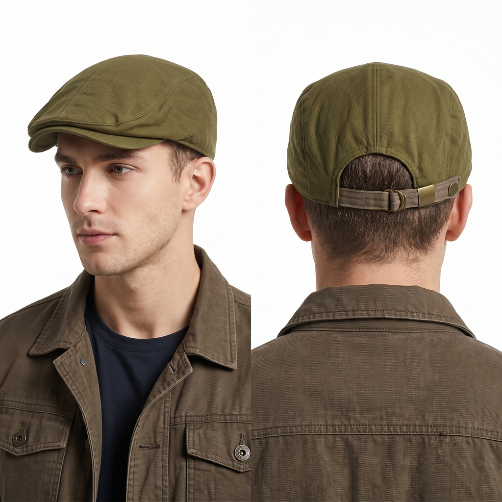 Thrifted 8IGHT SECONDS Khaki Olive Flat Cap | Yellow Lined Ivy Hat (58-60cm) | 10295